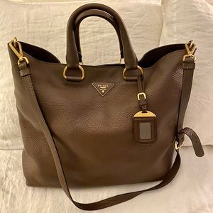 Prada Brown Pebbled Leather Tote w Gold Hardware